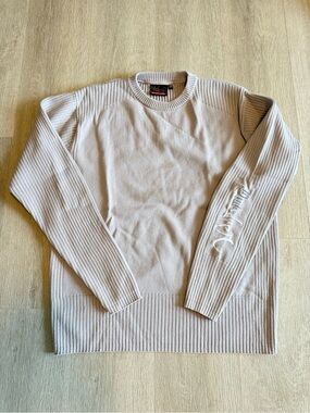 Y2K Quiksilver Ribbed Knit Sweater XL Beige Embroidered Sleeve